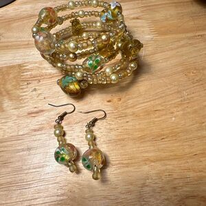 Gold and Yellow Wrap Bracelet and Earring Set, Handmade, Unique